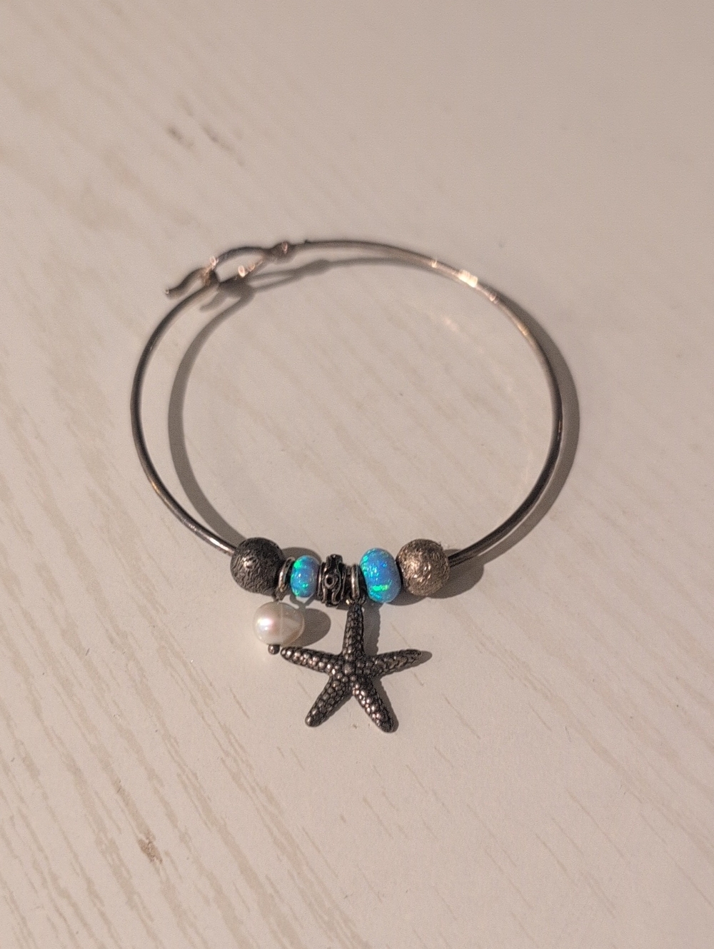 Sterling Silver Starfish Charm Bangle with Blue Opal and Pearl